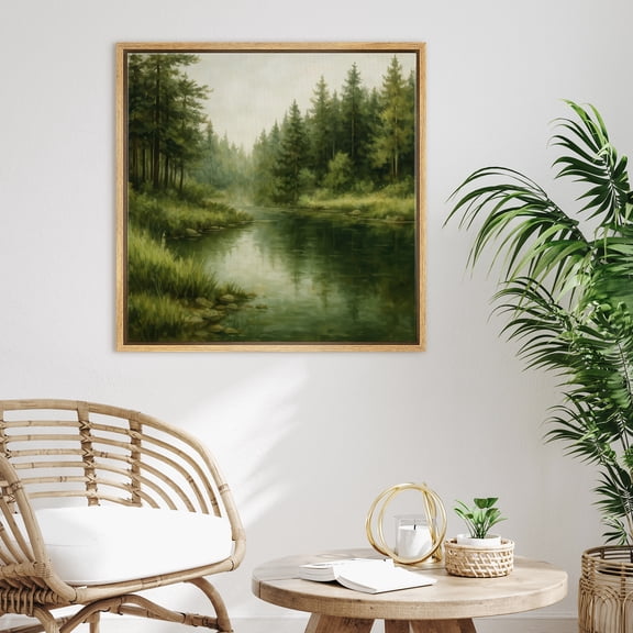 Framed Canvas Print Forest Lake Landscape Wall Art Modern Nature Decorative for Living Room Bedroom - 24"x24" NATURAL