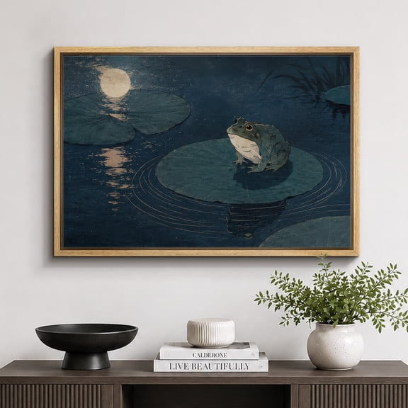 Framed Canvas Print Frog on Lily Pad Wall Art Moonlight Artwork Decoration for Living Room Bedroom - 16"x24" NATURAL Frame