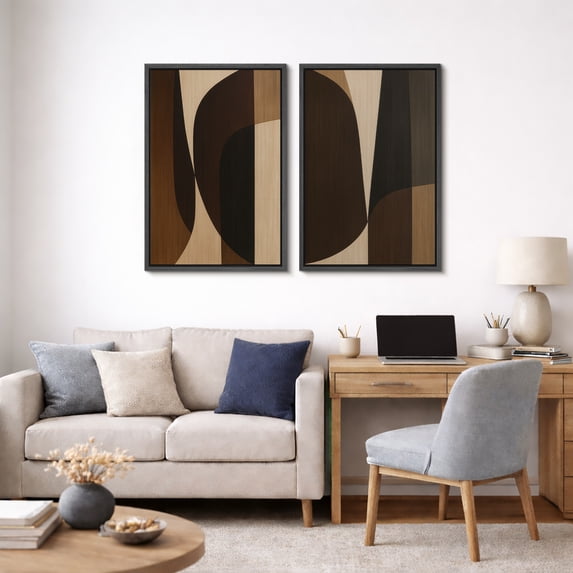 Framed Canvas Print Geometric Abstract Wall Art Set of 2 Mid-Century Modern Decorative for Living Room Bedroom - 24"x36"x2 BLACK