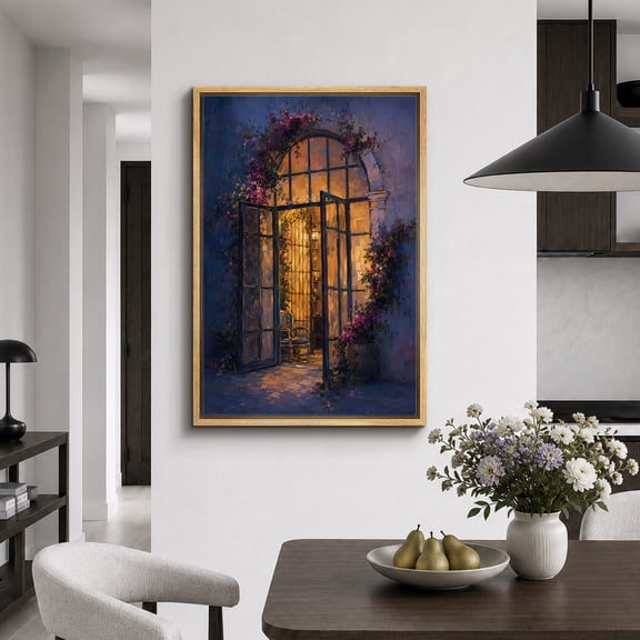 Framed Canvas Print Glowing Garden Window Wall Art Vintage Decorative for Living Room Bedroom - 16"x24" NATURAL Frame