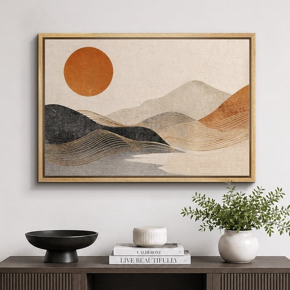 Framed Canvas Print Golden Sun Hills Wall Art Boho Artwork Decoration for Living Room Bedroom - 16"x24" NATURAL Frame