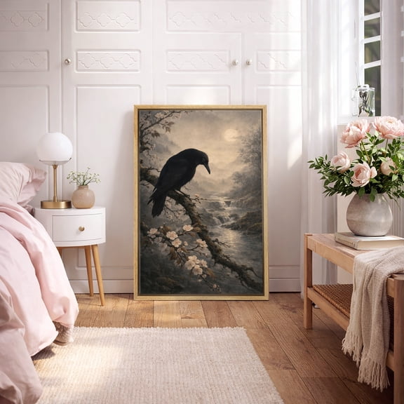 Framed Canvas Print Gothic Crow Wall Art Dark Academia Decorative for Living Room Bedroom - 16"x24" NATURAL