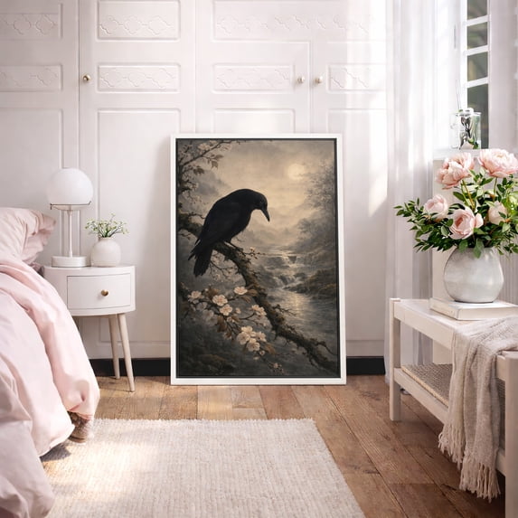 Framed Canvas Print Gothic Crow Wall Art Dark Academia Decorative for Living Room Bedroom - 16"x24" WHITE