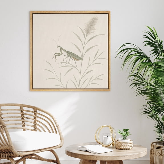 Framed Canvas Print Grasshopper Insect Wall Art Zen Decorative for Living Room Bedroom - 24"x24" NATURAL