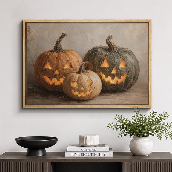 Framed Canvas Print Halloween Pumpkin Still Life Wall Art Holiday Artwork Decoration for Living Room Bedroom - 16"x24" NATURAL Frame