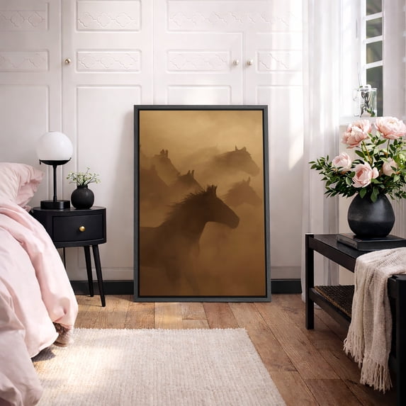 Framed Canvas Print Horse Running Wall Art Vintage Farmhouse Decorative for Living Room Bedroom - 24"x36" BLACK