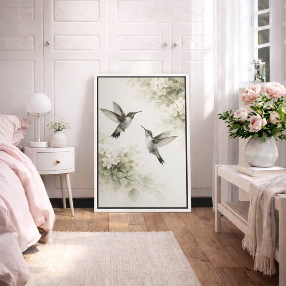 Framed Canvas Print Hummingbird Wall Art Boho Decorative for Living Room Bedroom - 16"x24" WHITE