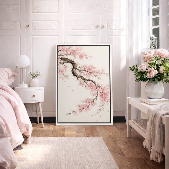 Framed Canvas Print Japanese Cherry Blossom Branch Wall Art Elegant Sakura Botanical Decorative for Living Room Bedroom - 24"x36" WHITE