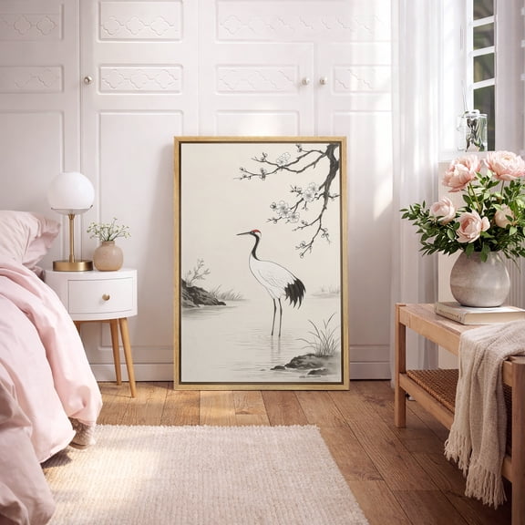 Framed Canvas Print Japanese Crane Wall Art Zen Bird Decorative for Living Room Bedroom - 24"x36" NATURAL