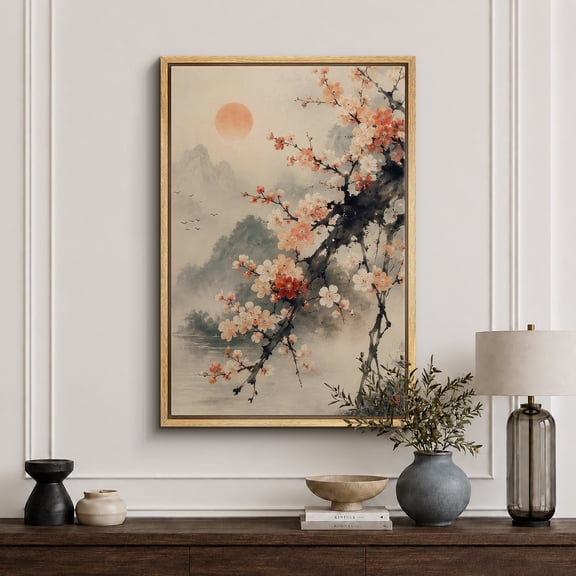 Framed Canvas Print Japanese Plum Blossom Wall Art Asian Decorative for Living Room Bedroom - 16"x24" NATURAL Frame