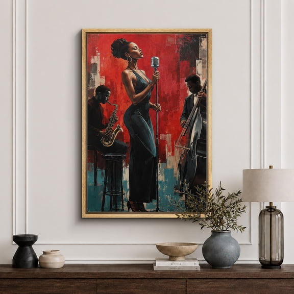 Framed Canvas Print Jazz Singer Music Wall Art Modern Decorative for Living Room Bedroom - 16"x24" NATURAL Frame