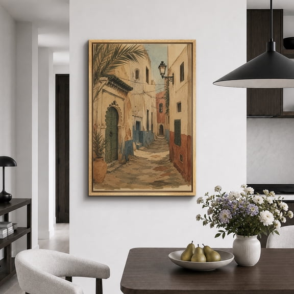 Framed Canvas Print Mediterranean Alleyway Street Wall Art European Artwork Decoration for Living Room Bedroom - 16"x24" NATURAL Frame