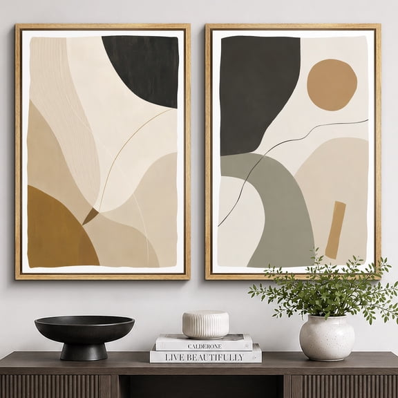 Framed Canvas Print Minimalist Beige Geometric Wall Art Set of 2 Boho Decorative for Living Room Bedroom - 16"x24" x 2 Panels Natural Frame