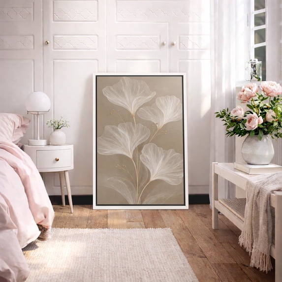 Framed Canvas Print Minimalist White Ginkgo Leaves Botanical Wall Art Neutral Modern Nature Decorative for Living Room Bedroom - 24"x36" WHITE