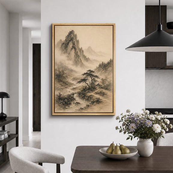 Framed Canvas Print Misty Ink Mountain Landscape Wall Art Asian Decorative for Living Room Bedroom - 16"x24" NATURAL Frame