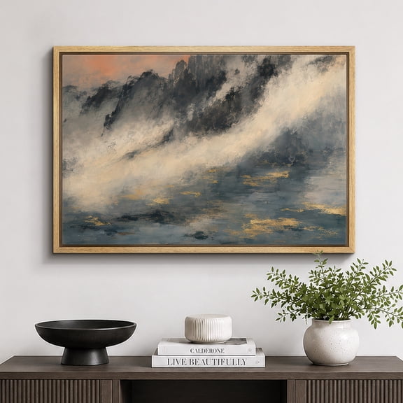 Framed Canvas Print Misty Mountain River Wall Art Abstract Artwork Decoration for Living Room Bedroom - 16"x24" NATURAL Frame