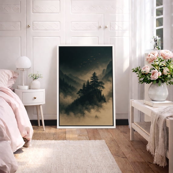 Framed Canvas Print Moody Mountain Forest Wall Art Dark Atmospheric Nature Landscape Decorative for Living Room Bedroom - 24"x36" WHITE