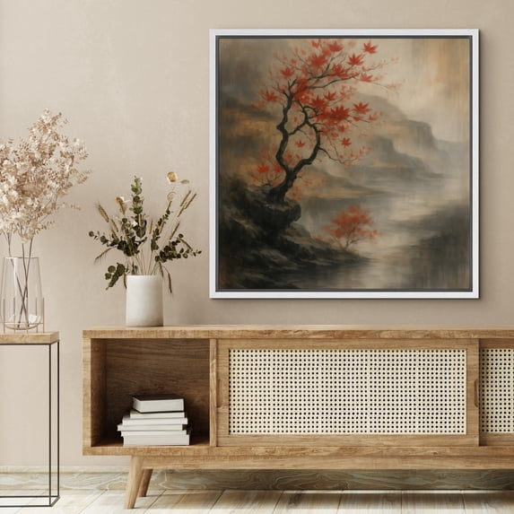 Framed Canvas Print Moody Wall Art Abstract Landscape Decorative for Living Room Bedroom - 24"x24" WHITE