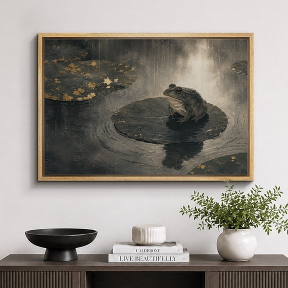 Framed Canvas Print Moonlit Frog Pond Wall Art Nature Artwork Decoration for Living Room Bedroom - 16"x24" NATURAL Frame