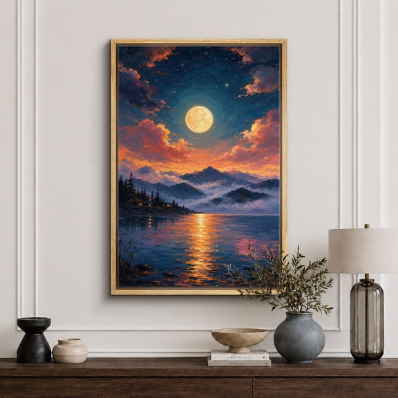 Framed Canvas Print Moonlit Mountain Lake Wall Art Landscape Decorative for Living Room Bedroom - 16"x24" NATURAL Frame