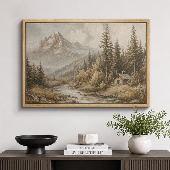 Framed Canvas Print Mountain Cabin Stream Wall Art Rustic Artwork Decoration for Living Room Bedroom - 16"x24" NATURAL Frame
