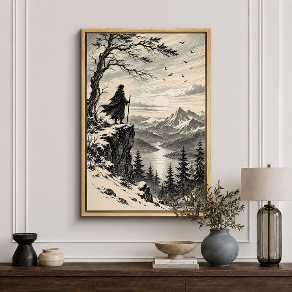 Framed Canvas Print Mountain Traveler Landscape Wall Art Vintage Decorative for Living Room Bedroom - 16"x24" NATURAL Frame