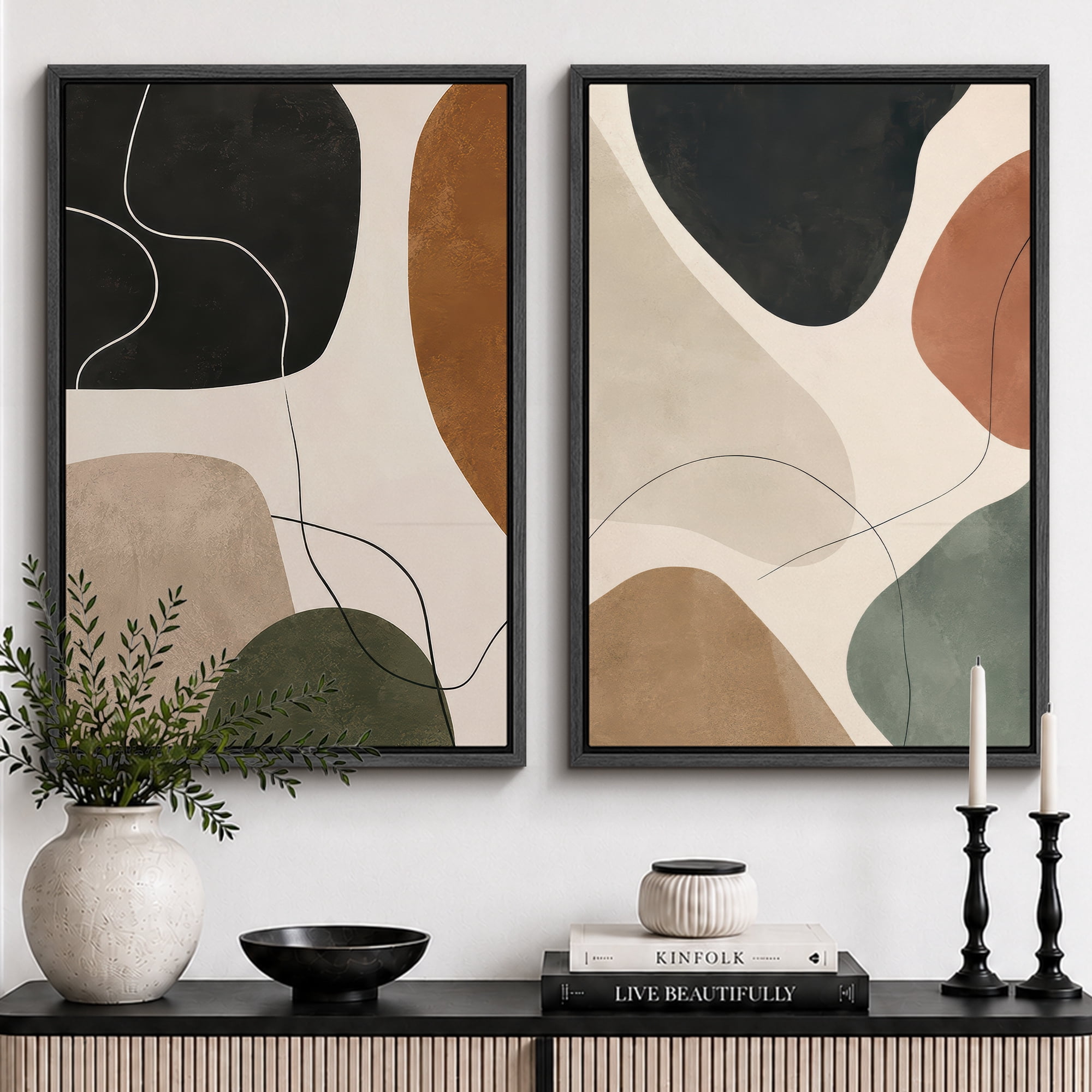 Framed Canvas Print Neutral Abstract Shapes Wall Art Set of 2 Modern ...