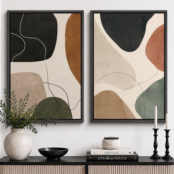 Framed Canvas Print Neutral Abstract Shapes Wall Art Set of 2 Modern ...