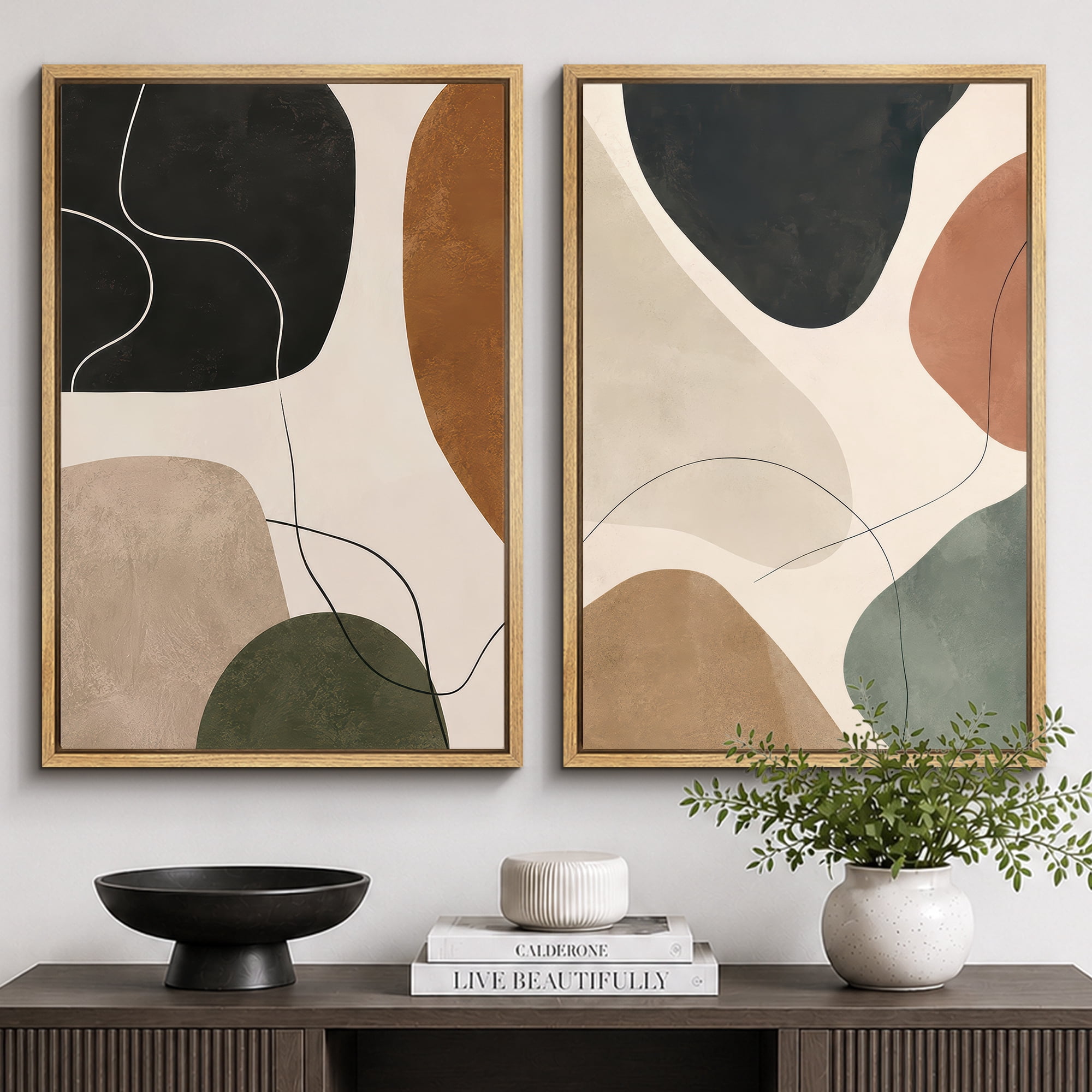 Framed Canvas Print Neutral Abstract Shapes Wall Art Set of 2 Modern ...
