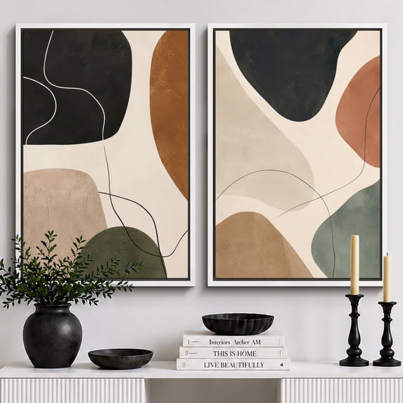 Framed Canvas Print Neutral Abstract Shapes Wall Art Set of 2 Modern ...