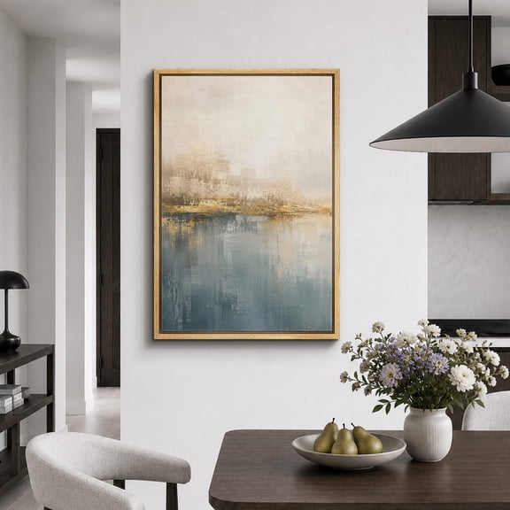 Framed Canvas Print Neutral Blue Gold Abstract Wall Art Minimalist Artwork Decoration for Living Room Bedroom - 16"x24" NATURAL Frame
