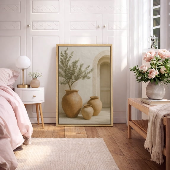 Framed Canvas Print Olive Tree with Terracotta Pots Wall Art Neutral Rustic Botanical Decorative for Living Room Bedroom - 24"x36" NATURAL