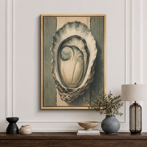 Framed Canvas Print Oyster Shell Sketch Wall Art Coastal Decorative for Living Room Bedroom - 16"x24" NATURAL Frame