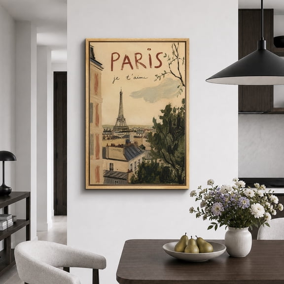 Framed Canvas Print Paris Eiffel Tower View Wall Art Cityscape Artwork Decoration for Living Room Bedroom - 16"x24" NATURAL Frame