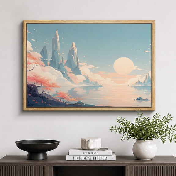 Framed Canvas Print Pastel Fantasy Mountain Wall Art Landscape Artwork Decoration for Living Room Bedroom - 16"x24" NATURAL Frame