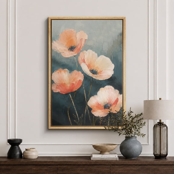 Framed Canvas Print Pastel Poppy Flower Wall Art Floral Decorative for Living Room Bedroom - 16"x24" NATURAL Frame