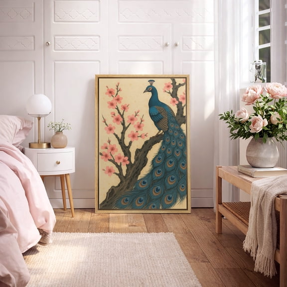 Framed Canvas Print Peacock Wall Art Japandi Decorative for Living Room Bedroom - 24"x36" NATURAL