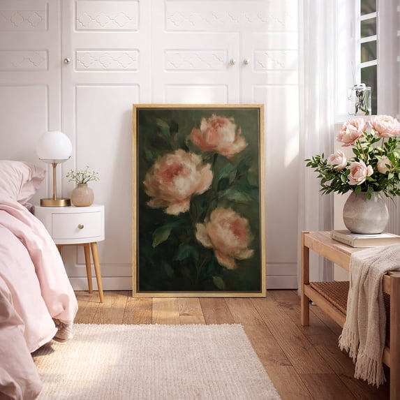 Framed Canvas Print Peony Floral Wall Art Dark Botanical Decorative for Living Room Bedroom - 24"x36" NATURAL