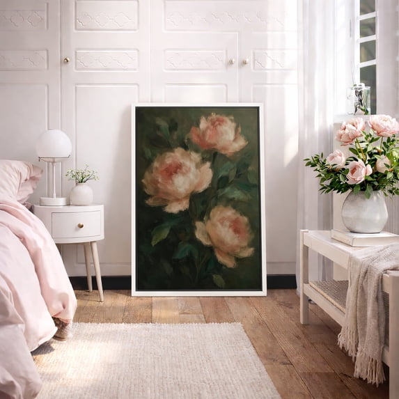 Framed Canvas Print Peony Floral Wall Art Dark Botanical Decorative for Living Room Bedroom - 24"x36" WHITE
