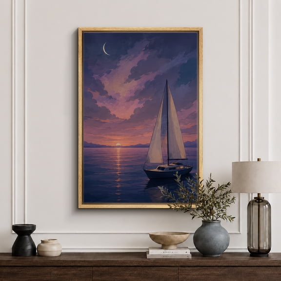 Framed Canvas Print Sailboat Sunset Ocean Wall Art Coastal Decorative for Living Room Bedroom - 16"x24" NATURAL Frame