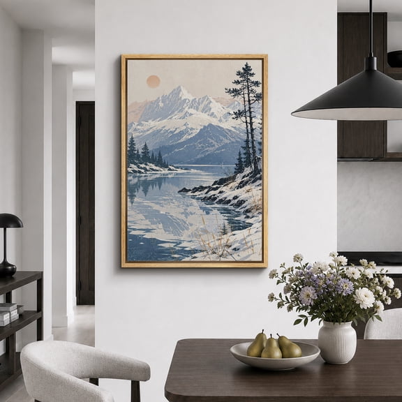 Framed Canvas Print Snowy Mountain Lake Wall Art Landscape Artwork Decoration for Living Room Bedroom - 16"x24" NATURAL Frame