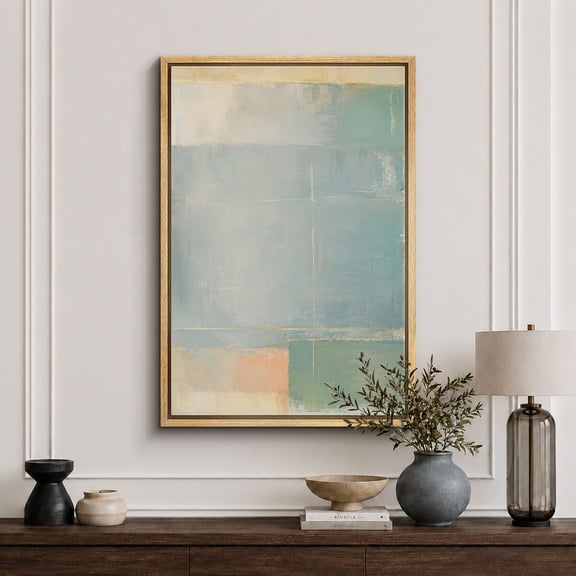 Framed Canvas Print Soft Blue Abstract Wall Art Minimalist Decorative for Living Room Bedroom - 16"x24" NATURAL Frame