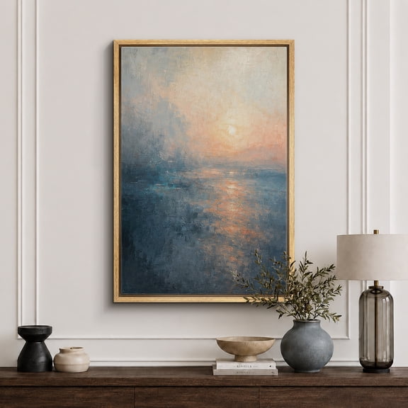 Framed Canvas Print Soft Blue Ocean Sunset Wall Art Coastal Decorative for Living Room Bedroom - 16"x24" NATURAL Frame