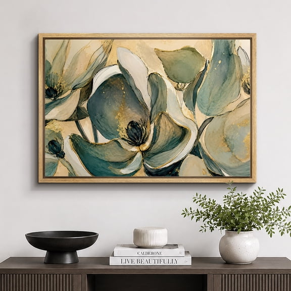 Framed Canvas Print Soft Green Floral Abstract Wall Art Botanical Artwork Decoration for Living Room Bedroom - 16"x24" NATURAL Frame