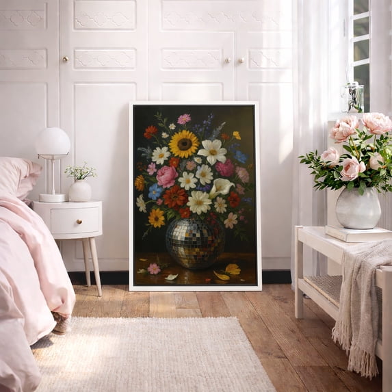 Framed Canvas Print Still Life Floral Wall Art Vintage Botanical Decorative for Living Room Bedroom - 16"x24" WHITE
