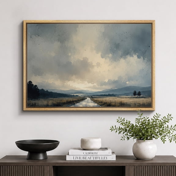 Framed Canvas Print Stormy Country Road Wall Art Landscape Artwork Decoration for Living Room Bedroom - 16"x24" NATURAL Frame