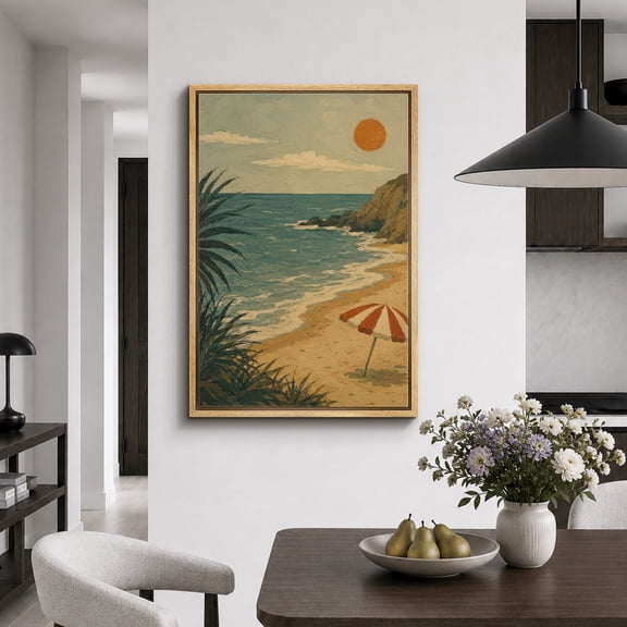 Framed Canvas Print Sunny Beach Coast Wall Art Coastal Artwork Decoration for Living Room Bedroom - 16"x24" NATURAL Frame