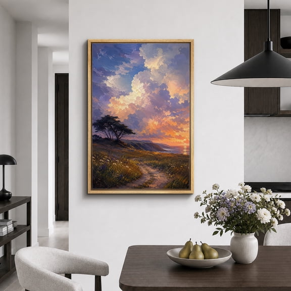Framed Canvas Print Sunset Coastal Path Wall Art Nature Artwork Decoration for Living Room Bedroom - 16"x24" NATURAL Frame