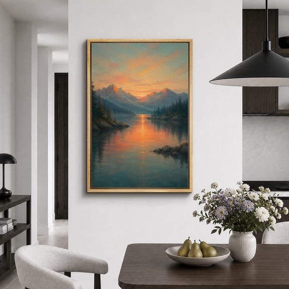 Framed Canvas Print Sunset Mountain Lake Wall Art Landscape Artwork Decoration for Living Room Bedroom - 16"x24" NATURAL Frame