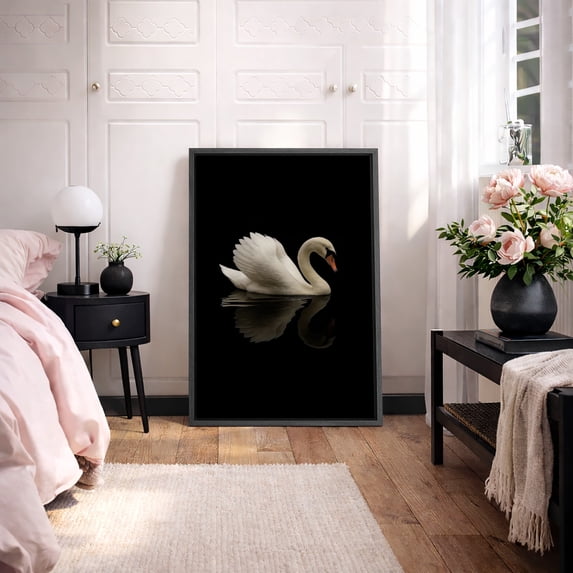 Framed Canvas Print Swan Wall Art Vintage Farmhouse Decorative for Living Room Bedroom - 24"x36" BLACK